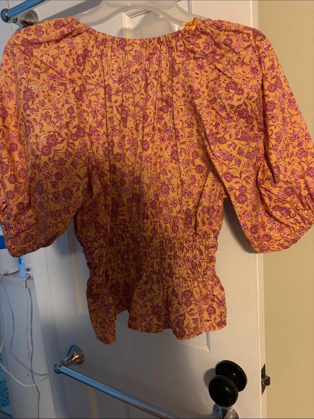 Old Navy orange and pink Floral Puff-Sleeve Smocked Blouse